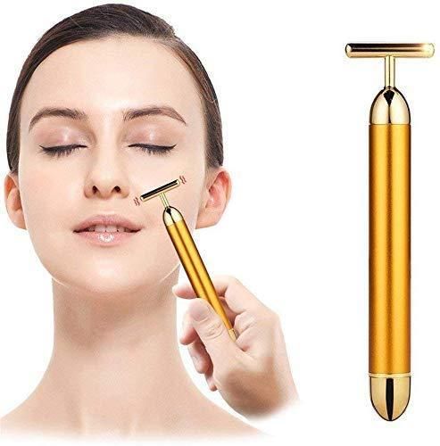 24k Gold Energy Beauty Bar Electric Vibration Facial Massage V shape Roller Waterproof Face Skin Care T-Shaped Anti Wrinkle Massager for Forehead Cheek Neck Clavicle Arm (Gold Colour)