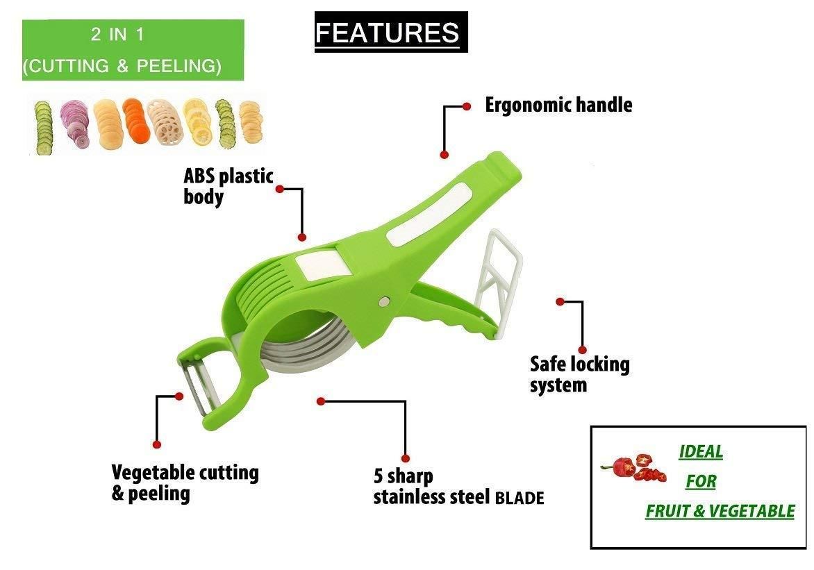 Plastic 2 in 1 Vegetable & Fruit Multi Cutter & Cutter Sharp Stainless Steel 5 Blade Veg Cutter Bhindi Cutter,(Multi Color)