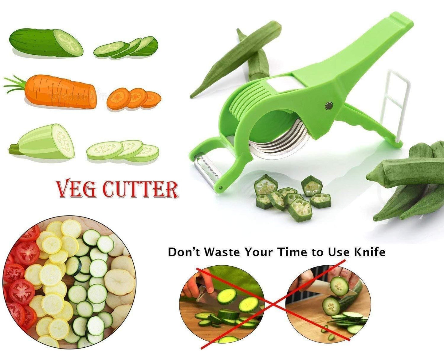 Plastic 2 in 1 Vegetable & Fruit Multi Cutter & Cutter Sharp Stainless Steel 5 Blade Veg Cutter Bhindi Cutter,(Multi Color)